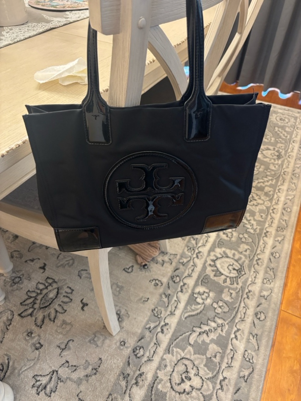Tory Burch Black Nylon Tote with Patent Trim and Logo small Ella tote
